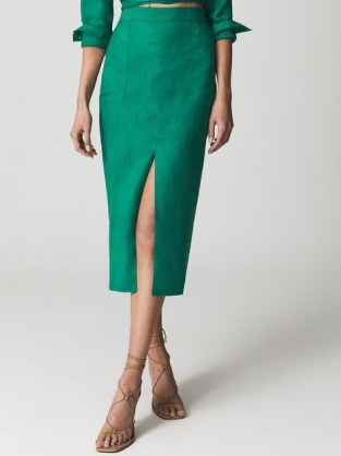 REISS JACKSON PLAIN Plain Pencil Skirt Green ~ green linen front slit midi skirts - flipped