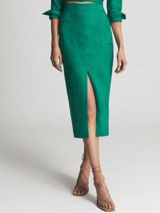 REISS JACKSON PLAIN Plain Pencil Skirt Green ~ green linen front slit midi skirts