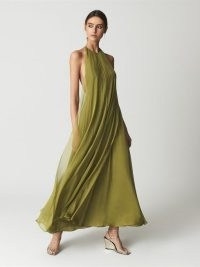 REISS JUDE Halter Neck Silk Maxi Dress Lime ~ green sleeveless flowing fabric occasion dresses