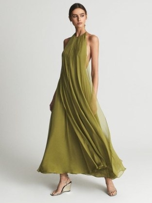 REISS JUDE Halter Neck Silk Maxi Dress Lime ~ green sleeveless flowing fabric occasion dresses - flipped