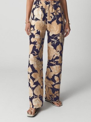 Reiss LEO Printed Wide Leg Linen Trousers in Navy Print – women’s dark blue floral print lightweight linen pants - flipped