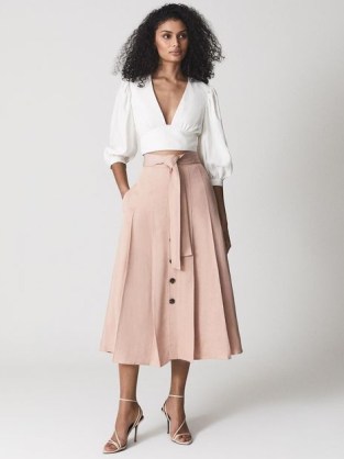 REISS OAKLEY Button Midi Skirt ~ women’s chic light-pink linen blend tie waist skirts - flipped