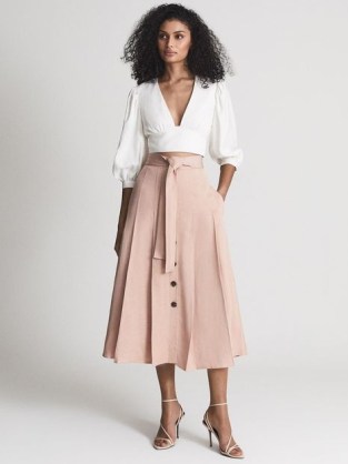 REISS OAKLEY Button Midi Skirt ~ women’s chic light-pink linen blend tie waist skirts