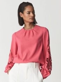 REISS BELLE Embroidery Interest Blouse Pink ~ long balloon sleeved blouses