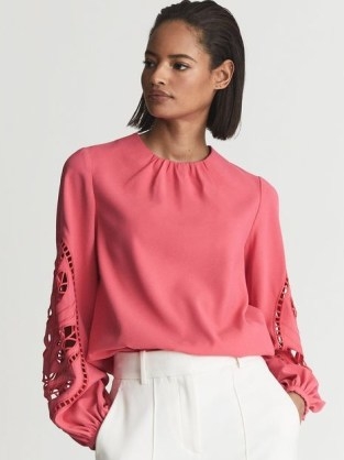 REISS BELLE Embroidery Interest Blouse Pink ~ long balloon sleeved blouses - flipped