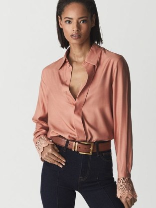 Reiss ZANDRA Lace Cuff Shirt Blouse Pink – womens feminine shirts - flipped
