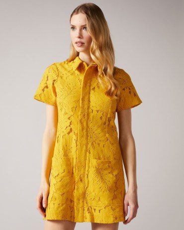 TED BAKER Rille Mini Lace Shirt Dress With Oversized Pockets Yellow / short sleeved floral dresses - flipped