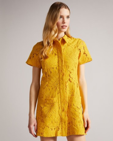 TED BAKER Rille Mini Lace Shirt Dress With Oversized Pockets Yellow / short sleeved floral dresses