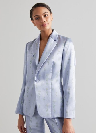 L.K. BENNETT Rosalind Blue Satin Floral Jacquard Jacket ~ luxe occasion jackets ~ summer event clothing - flipped