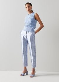 L.K. BENNETT Rosalind Blue Satin Floral Jacquard Trousers ~ women’s summer occasion clothes ~ womens feminine slim cigarette cut trousers