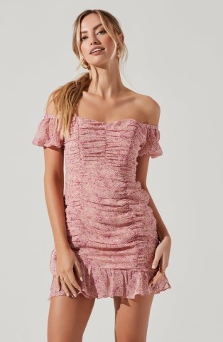 ASTR THE LABEL RUCHED RUFFLE HEM FLORAL MINI DRESS ~ feminine and flirty ~ off the shoulder going out fashion ~ pink ruffled bardot dresses - flipped