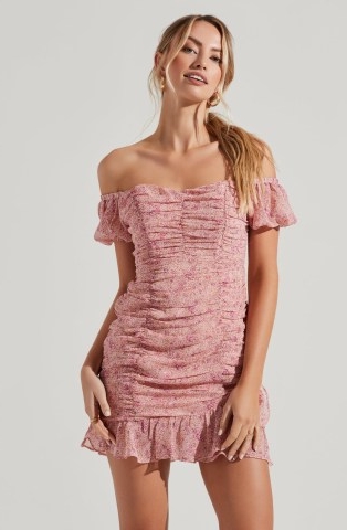 ASTR THE LABEL RUCHED RUFFLE HEM FLORAL MINI DRESS ~ feminine and flirty ~ off the shoulder going out fashion ~ pink ruffled bardot dresses