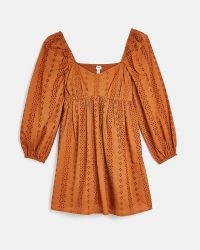 RIVER ISLAND RUST BRODERIE SMOCK MINI DRESS ~ orange-brown sweetheart neckline dresses