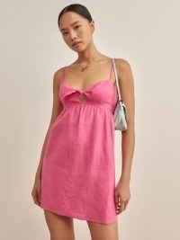 REFORMATION Ryland Linen Dress in Snapdragon / pink spaghetti strap babydoll style mini dresses / women’s summer fashion with skinny shoulder straps
