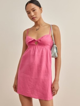 REFORMATION Ryland Linen Dress in Snapdragon / pink spaghetti strap babydoll style mini dresses / women’s summer fashion with skinny shoulder straps