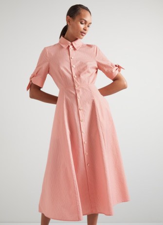 L.K. BENNETT Saffron Pink Cotton Lurex Stripe Shirt Dress ~ women’s striped tie sleeve summer dresses - flipped