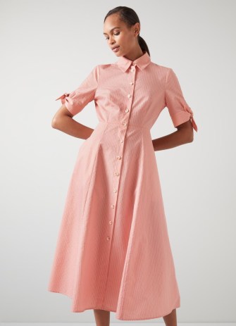 L.K. BENNETT Saffron Pink Cotton Lurex Stripe Shirt Dress ~ women’s striped tie sleeve summer dresses