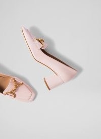 L.K. BENNETT Samantha Blossom Crinkled Patent Closed Courts ~ pretty pink leather snaffle bit loafer style court shoes ~ square toe block heel footwear