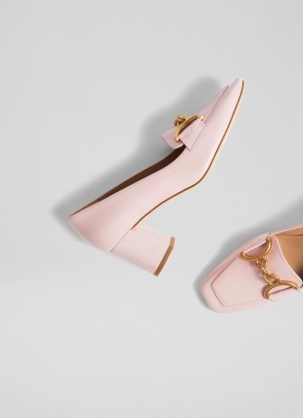 L.K. BENNETT Samantha Blossom Crinkled Patent Closed Courts ~ pretty pink leather snaffle bit loafer style court shoes ~ square toe block heel footwear - flipped