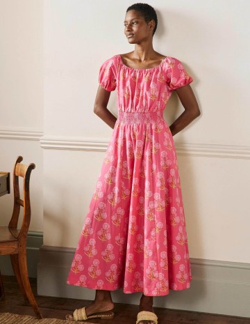 Boden Scoop Neck Maxi Dress Molly Mahon Flower Woodblock / women’s pink floral short sleeved summer dresses / - flipped