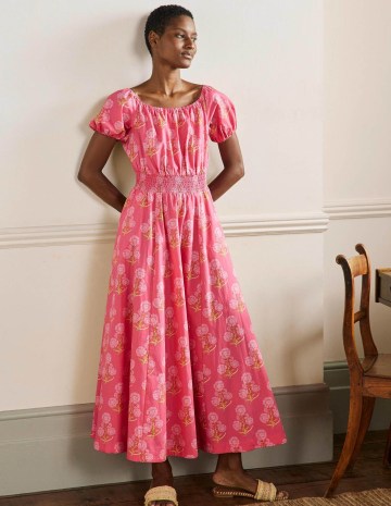 Boden Scoop Neck Maxi Dress Molly Mahon Flower Woodblock / women’s pink floral short sleeved summer dresses /