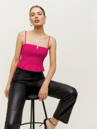Reformation Shia Top in Rhubarb | pink spaghetti strap tops with pleated peplum hem | skinny shoulder straps | fitted bodice fashion