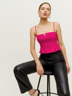 Reformation Shia Top in Rhubarb | pink spaghetti strap tops with pleated peplum hem | skinny shoulder straps | fitted bodice fashion - flipped