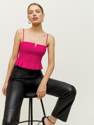 Reformation Shia Top in Rhubarb | pink spaghetti strap tops with pleated peplum hem | skinny shoulder straps | fitted bodice fashion