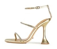 TONY BIANCO Shy Gold Nappa Metallic 10.5cm Heels – luxe party shoes – diamante detail barely there sandals – glamorous hourglass shaped evening heels