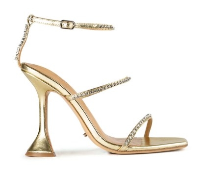 TONY BIANCO Shy Gold Nappa Metallic 10.5cm Heels – luxe party shoes – diamante detail barely there sandals – glamorous hourglass shaped evening heels - flipped