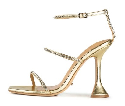 TONY BIANCO Shy Gold Nappa Metallic 10.5cm Heels – luxe party shoes – diamante detail barely there sandals – glamorous hourglass shaped evening heels