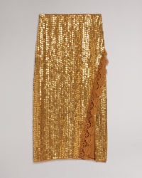 TED BAKER Signora Sequin Column Slip Skirt Bronze ~ sequinned split hem occasion skirts ~ lace trimmed party clothes