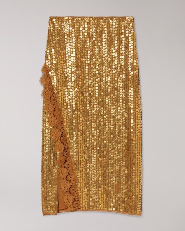 TED BAKER Signora Sequin Column Slip Skirt Bronze ~ sequinned split hem occasion skirts ~ lace trimmed party clothes - flipped