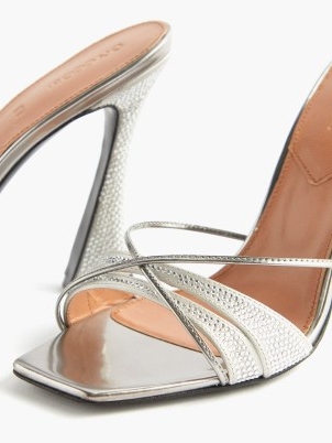 D’ACCORI Lust square-toe crystal and metallic-leather mules ~ glamorous silver mule sandals ~ sculptural high heels
