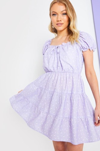 STACEY SOLOMON LILAC DITSY FLORAL PRINT MILKMAID DRESS – tiered mini dresses – tie detail neckline