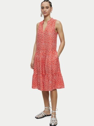 JIGSAW Star Leaf Printed Linen Dress Red / sleeveless tiered hem summer dresses - flipped