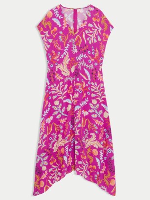 JIGSAW Sunkissed Floral Midi Dress Pink / cap sleeve summer dresses / asymmetric hem / women’s asymmetrical clothes - flipped