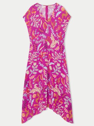 JIGSAW Sunkissed Floral Midi Dress Pink / cap sleeve summer dresses / asymmetric hem / women’s asymmetrical clothes