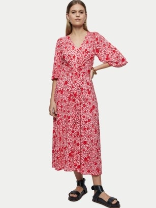 JIGSAW Sweetpea Jersey Tie Front Midi Dress Pink ~ floral print V-neck dresses - flipped