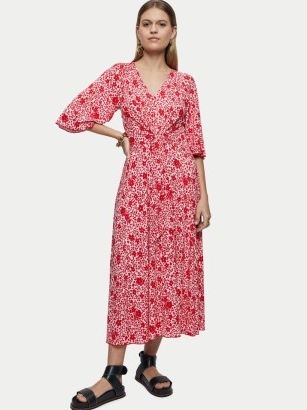 JIGSAW Sweetpea Jersey Tie Front Midi Dress Pink ~ floral print V-neck dresses
