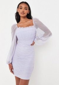 MISSGUIDED tall lilac puff sleeve mesh corset mini dress ~ sheer sleeved ruched overlay dresses