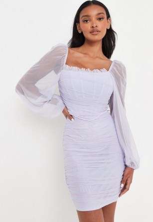MISSGUIDED tall lilac puff sleeve mesh corset mini dress ~ sheer sleeved ruched overlay dresses - flipped