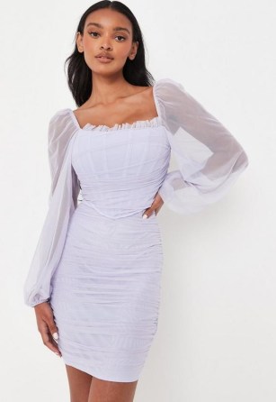 MISSGUIDED tall lilac puff sleeve mesh corset mini dress ~ sheer sleeved ruched overlay dresses