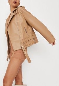 MISSGUIDED tan faux leather double belted biker jacket ~ light brown zip detail jackets