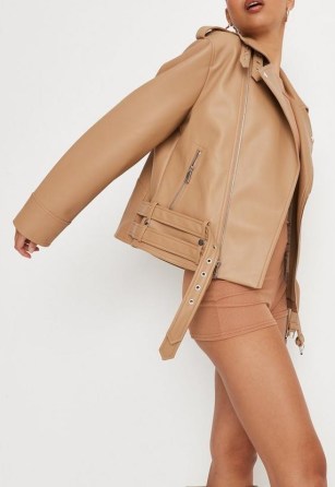 MISSGUIDED tan faux leather double belted biker jacket ~ light brown zip detail jackets - flipped