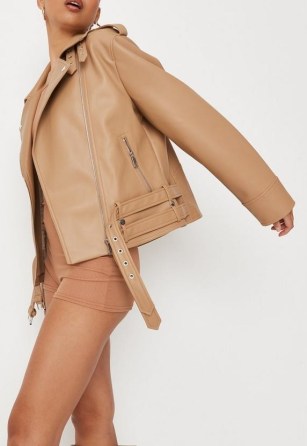 MISSGUIDED tan faux leather double belted biker jacket ~ light brown zip detail jackets