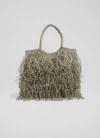L.K. BENNETT Tania Green Jute Tote Bag By Maison Bengal ~ sage coloured fringed detail bags ~ woven summer handbags