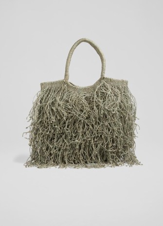 L.K. BENNETT Tania Green Jute Tote Bag By Maison Bengal ~ sage coloured fringed detail bags ~ woven summer handbags