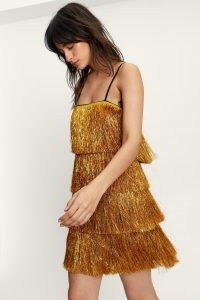 NASTY GAL Tassel Tinsel Fringe Strappy Cami Mini Dress ~ gold fringed skinny shoulder strap dresses ~ tasseled going out evening fashion ~ women’s party clothes