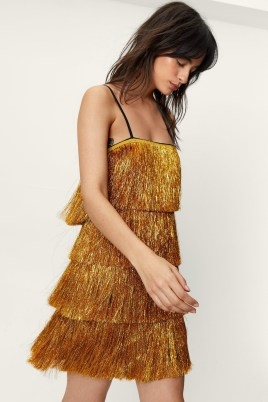 NASTY GAL Tassel Tinsel Fringe Strappy Cami Mini Dress ~ gold fringed skinny shoulder strap dresses ~ tasseled going out evening fashion ~ women’s party clothes - flipped